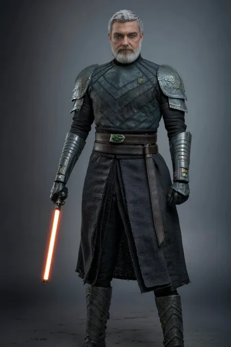 a man in a black outfit with a light saber