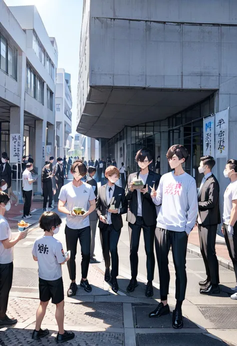 people standing on the side of a street with a boy holding a plate of food