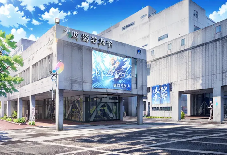 anime - style building with a large screen on the side of it