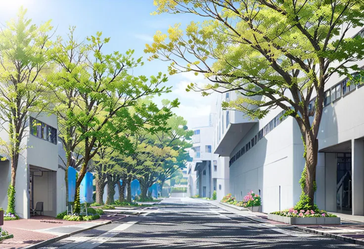 trees line the street in front of a building with a blue wall