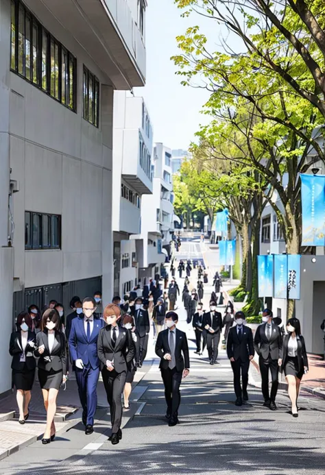 people walking down a street with masks on