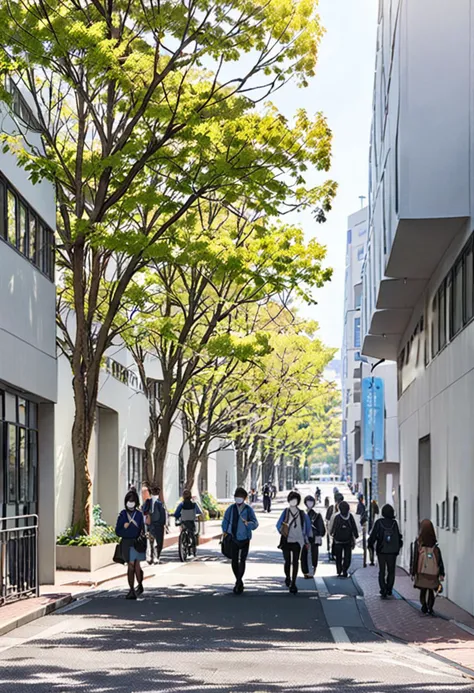 people walking down a street with trees and buildings in the background