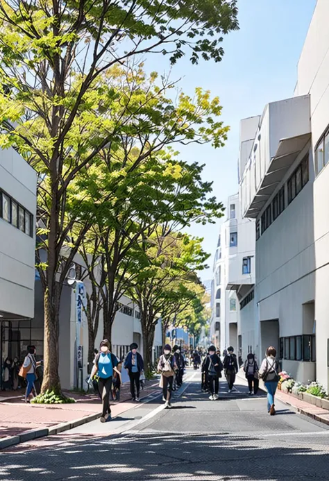 people walking down a street with trees and buildings in the background