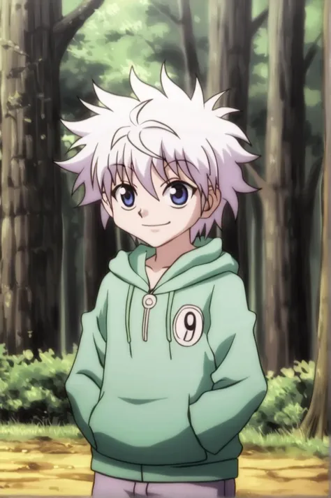 killua_zoldyck, 1boy, solo, smile, blue eyes, white hair, male focus, outdoors, hood, tree, hoodie, parody, spiked hair, messy hair, nature, forest, hands in pockets, style parody, male child, score_6_up, hxhanime <lora:xl_char_killua_zoldyck:1.0>