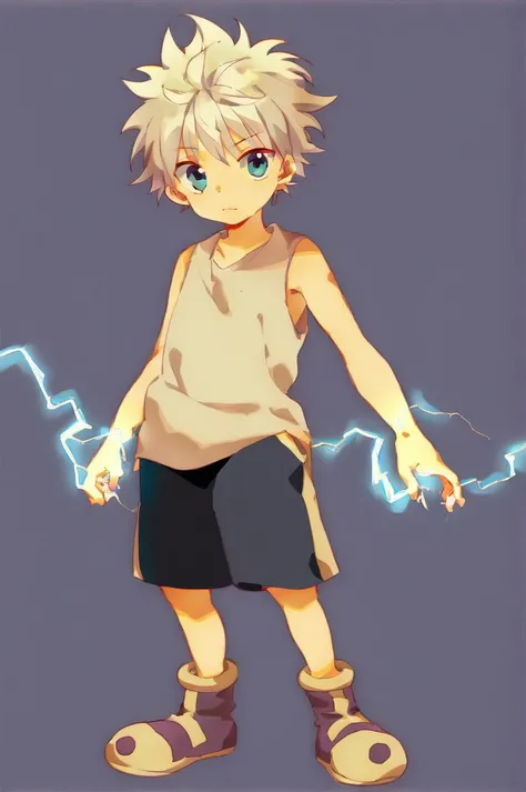 killua_zoldyck, 1boy, solo, looking at viewer, blue eyes, simple background, shirt, closed mouth, standing, full body, white hair, male focus, shoes, shorts, sleeveless, blue background, black shorts, tank top, spiked hair, hand in pocket, electricity, mal...