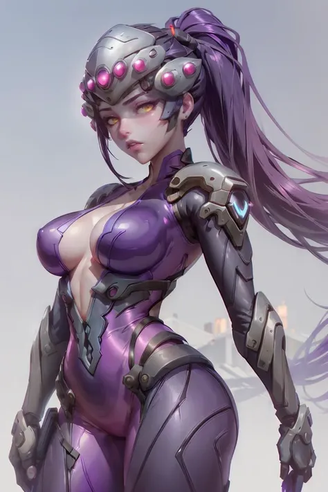 WidowOver,1girl,solo,widowmaker (overwatch),head-mounted display,yellow eyes,colored skin,long hair,ponytail,breasts,looking at viewer,purple skin,upper body,purple hair,bodysuit,gradient,medium breasts,pink bodysuit,cleavage,hair pulled back,parted lips,l...