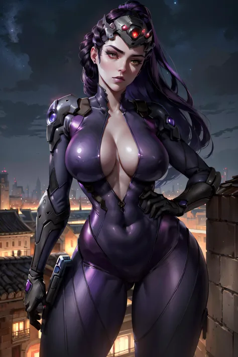 (masterpiece, best quality, ultra detailed, absurdres)1.5, 1girl, (sexy, beautiful woman, perfect face, perfect eyes, perfect female body, huge breasts)1.5, (widowover, widowmaker (overwatch), colored skin, purple skin, long hair, purple hair, hair pulled ...