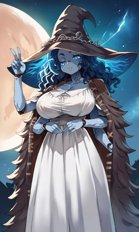 witch with blue hair and a hat on standing in front of a full moon