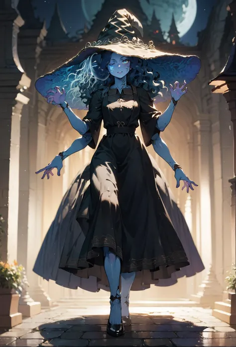 score_9, score_8_up, score_7_up BREAK incrsxlranni, four hands, wavy hair, blue skin, colored skin, extra arms, witch hat, night, full body, standing, casting a spell, black dress  <lora:sdxl/pony_ranni:0.8> <lora:sdxl/pony_summer_days_style:0.8>