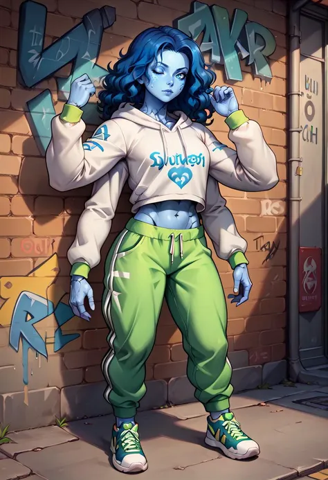 a woman with blue hair and green pants standing in front of a brick wall