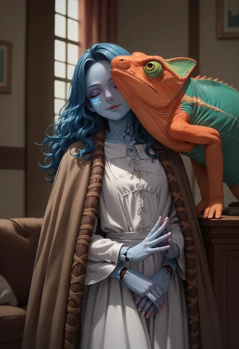 a woman with blue hair and a blue face is standing next to a lizard