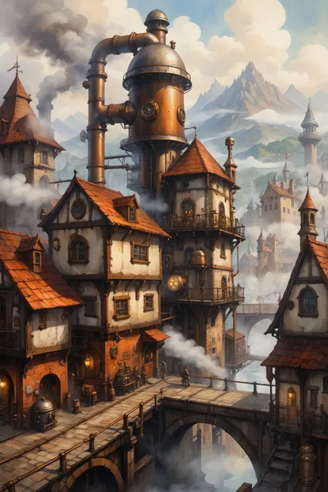 <lora:Retro_Illustration:1> 2d game scene, oil and watercolor painting, steampunk elements, mediaeval town, mountains, bridges, steam, fog, airship, (masterpiece:1.2), best quality