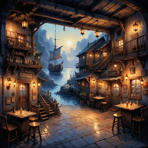 a painting of a restaurant with a ship in the background