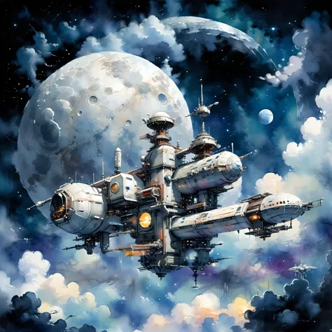 space station, moon in the background, cloud, science_fiction, sky, outdoors, scenery  <lora:Retro_Illustration:1> 2d game scene, oil and watercolor painting <lora:xl_more_art-full_v1:1> <lora:add-detail-xl:1> misc, (masterpiece:1.2), best quality