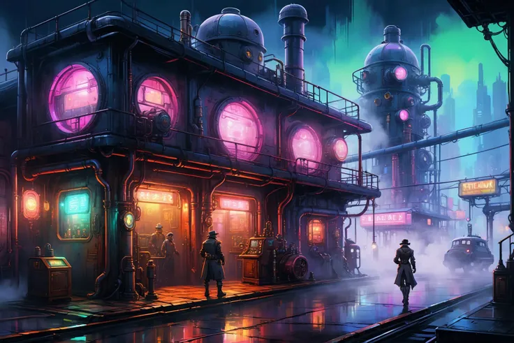 <lora:Retro_Illustration:1> 2d game scene, oil and watercolor painting, steampunk scene, cyberpunk elements, neon lights, steam, fog, (masterpiece:1.2), best quality