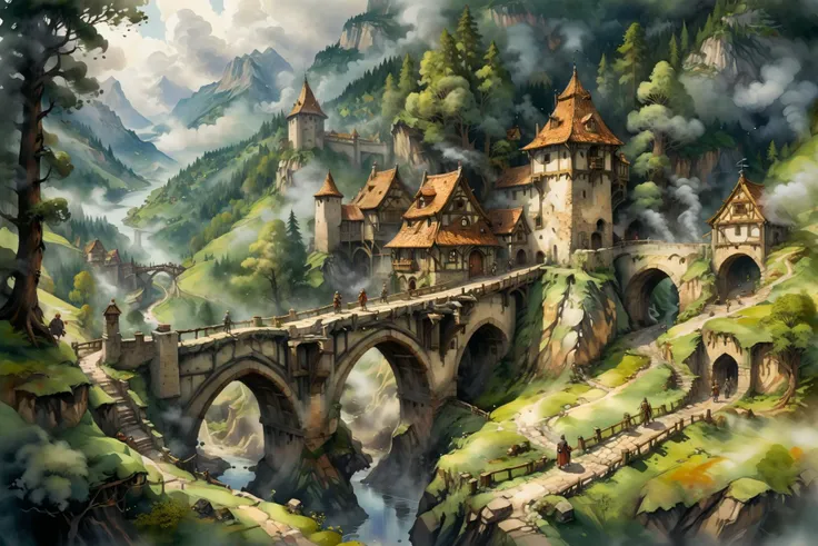 mediaeval hamlet, mountain, bridge, forest, people, clouds, smoke, fog <lora:xl_more_art-full_v1:1> <lora:Retro_Illustration:1> 2d game scene, oil and watercolor painting,, (masterpiece:1.2), best quality