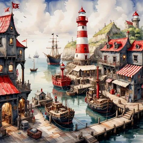 2d game scene, oil and watercolor painting, a pirate ship docked up at an old habour, with other intricate ships, a few shops and a red and white striped lighthouse (masterpiece:1.2), best quality,<lora:Retro_Illustration:1>