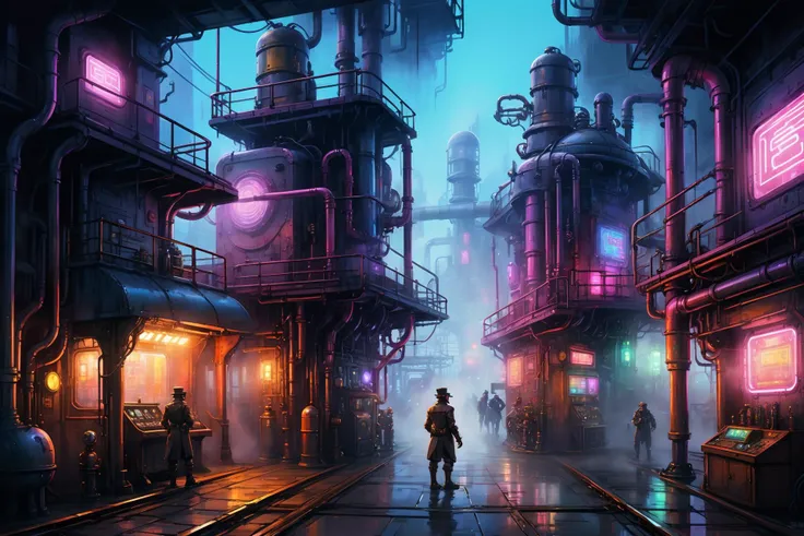 <lora:Retro_Illustration:1> 2d game scene, oil and watercolor painting, steampunk scene, cyberpunk elements, neon lights, steam, fog, (masterpiece:1.2), best quality