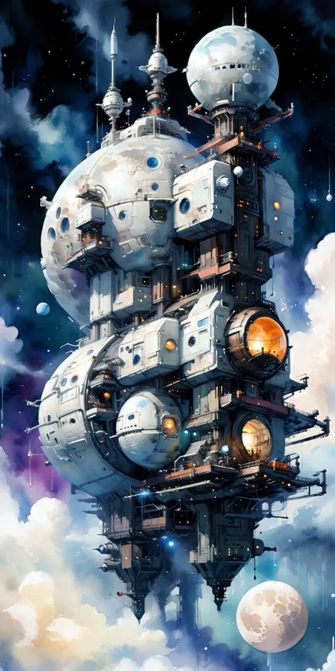 space station, moon in the background, cloud, science_fiction, sky, outdoors, scenery <lora:xl_more_art-full_v1:1> <lora:add-detail-xl:1> <lora:Retro_Illustration:1> 2d game scene, oil and watercolor painting, (masterpiece:1.2), best quality