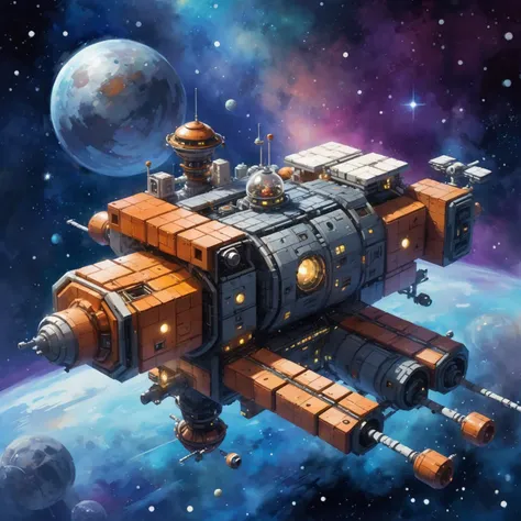 <lora:Retro_Illustration:1> 2d game scene, oil and watercolor painting, space station made of bricks, star dust, steam, bokeh, (masterpiece:1.2), best quality