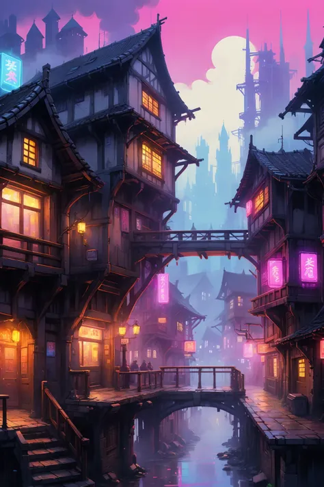 <lora:Retro_Illustration:1> 2d game scene, oil and watercolor painting, mediaeval town, timberframe houses, cyberpunk elements, bridges, fog, smoke, neon signs, (masterpiece:1.2), best quality