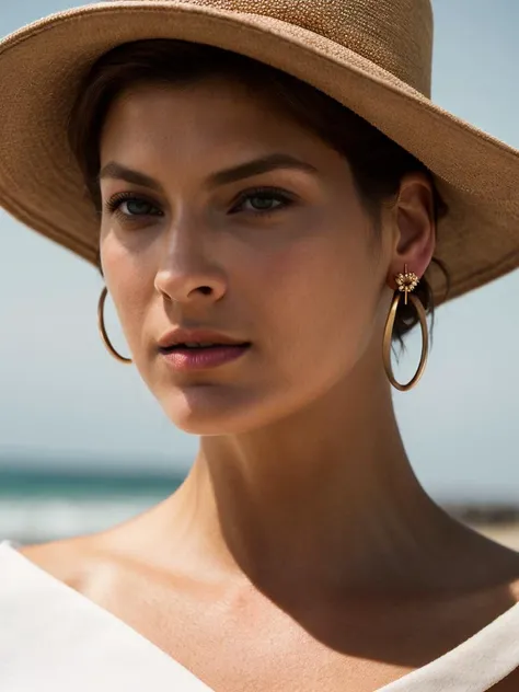 Realistic photo of a beautiful l1nd43 woman,1girl,solo,short hair,brown hair,shirt,hat,bare shoulders,jewelry,closed mouth,upper body,earrings,dark skin,off shoulder,dark-skinned female,lips,looking to the side,black shirt,white headwear,realistic,off-shou...