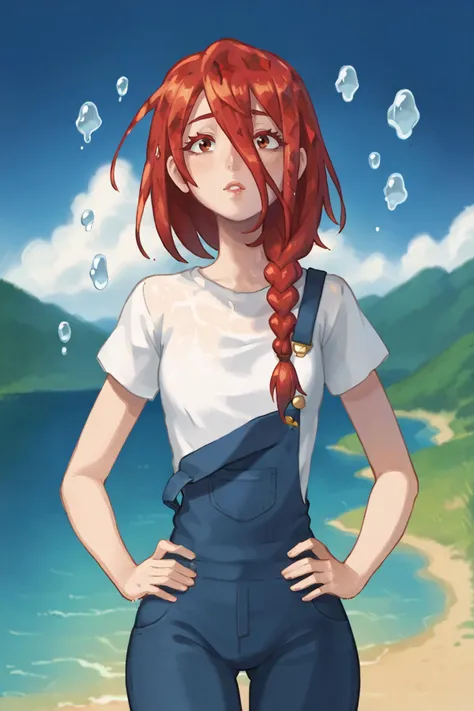 a woman with red hair standing on a beach next to the ocean