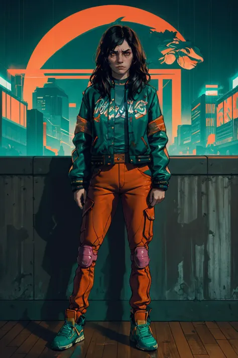 masterpiece,best quality,color photo, cinematic, cinematic lighting,1girl,hlmcorey,medium hair,black hair,teal jacket,orange pants,elbow pads,knee pads,sneakers,in nightclub,standing,scowling, <lora:LORA-XenoDetailer-v2:0.1>, <lora:HLMCorey-11:0.8>