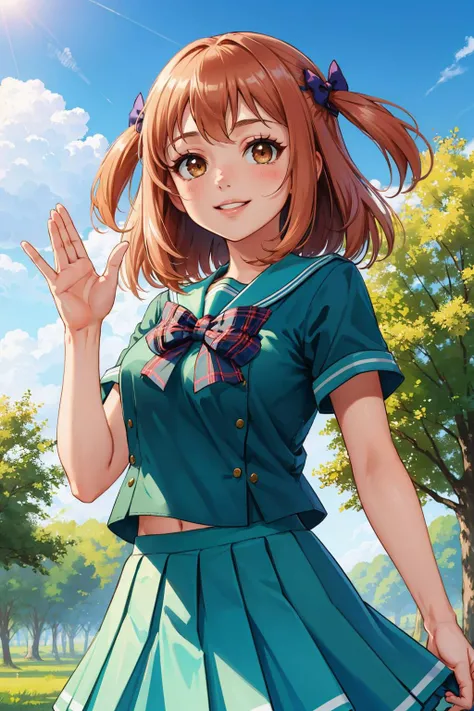 masterpiece, best quality,  <lora:sasakichiho-nvwls-v1-000009:0.9> sasaki chiho, hair ornament, two side up, plaid bow, green serafuku, short sleeves, green shirt, green skirt, smile, blue sky, trees, looking at viewer, waving