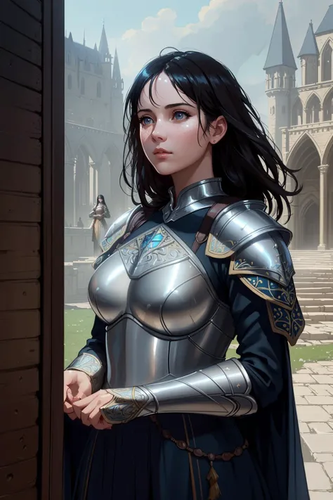 fcDetailPortrait, (masterpiece), (extremely intricate:1.3), (realistic), portrait of a girl, the most beautiful artwork in the world, (medieval armor), metal reflections, upper body, outdoors, intense sunlight, far away castle, professional oil painting of...