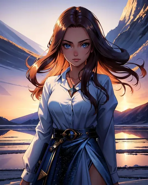 masterpiece, best quality, portrait of a 18yo woman ,  (salt flats:1.1) ,  color photo, cinematic, cinematic lighting, sly magician shadows illusions, anime, gorgeous 18-year-old woman, perfect eyes, graceful, landscape shot,  upper body, looking at viewer...