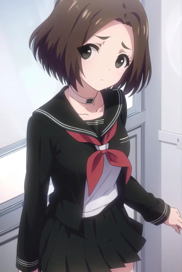 rikamakiba, <lora:rika makiba ova-lora-nochekaiser:1>,
rika makiba, short hair, brown hair, bow, (black eyes:1.5), ahoge, hair bow,
BREAK skirt, thighhighs, long sleeves, school uniform, serafuku, choker, black thighhighs, black skirt, collar, zettai ryoui...