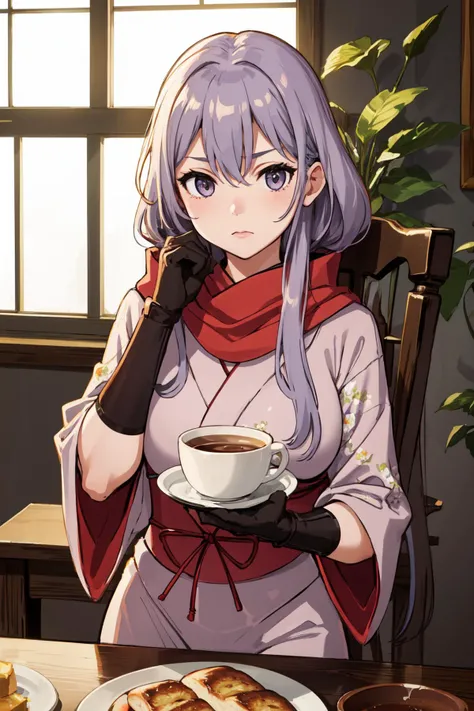 masterpiece, (detailed, highres, best quality), 1girl, <lora:yukano-ns-richy-v1:1> yukanodef, japanese clothes, scarf, gloves, sash, bread, chair, cream, cup, flower, food, mug, plant, plate, potted plant, print mug, window