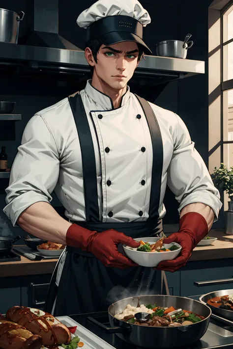 anime chef in uniform holding a plate of food in a kitchen