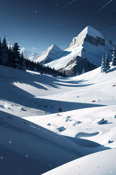 skiers are skiing down a snowy mountain with a mountain in the background