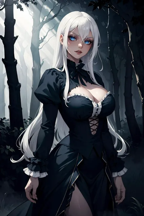 (highres,absurdres,incredibly absurdres,huge filesize,Volumetric Lighting,moody lighting),
(forest, fog, night),
(1girl, vampire, victorian dress, white hair, blue eyes),