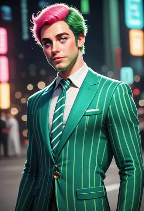 a close up of a person in a suit and tie with a green and pink hair