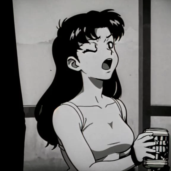 high quality, masterpiece, high res, misato katsuragi drinking a beer, upper body, black and white, monochrome, film grain, wacky, drunk, <lora:evangelion_anime_style_offset:1>