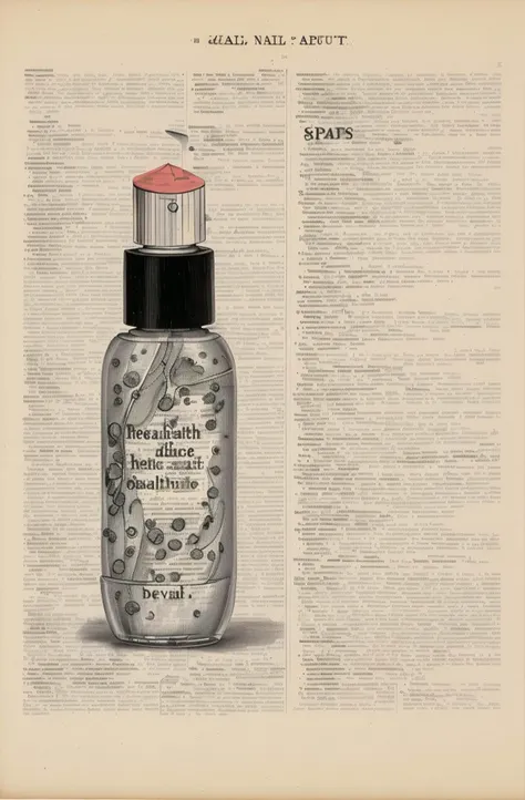 ((a drawing of a Health & Beauty > Personal Care > Cosmetics > Nail Care > Nail Polish Drying Drops & Sprays in a dictionary book page with words written in english and spanish, Art & Language, detailed illustration, a mid-nineteenth century engraving, art...