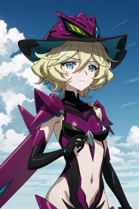 best quality, masterpiece, highres, solo, {carol_malus_dienheim_senkizesshousymphogear:1.15}, blonde_hair, blue_eyes, short_hair, mole, mole_under_eye, hair_between_eyes, upper_body, closed_mouth, shiny_hair, anime_coloring, shiny, 1girl, armor, hat, pauld...