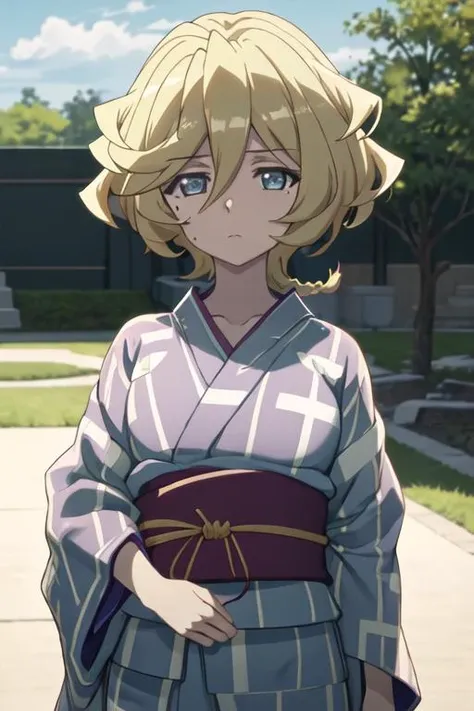 best quality, masterpiece, highres, solo, {yukata:1.40}, {kimono:1.20}, {carol_malus_dienheim_senkizesshousymphogear:1.15}, blonde_hair, blue_eyes, short_hair, mole, mole_under_eye, hair_between_eyes, upper_body, closed_mouth, shiny_hair, anime_coloring, s...