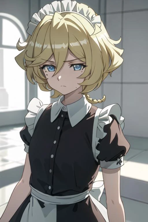 best quality, masterpiece, highres, solo, {maid:1.40}, {long maid dress:1.15}, {carol_malus_dienheim_senkizesshousymphogear:1.15}, blonde_hair, blue_eyes, short_hair, mole, mole_under_eye, hair_between_eyes, upper_body, closed_mouth, shiny_hair, anime_colo...