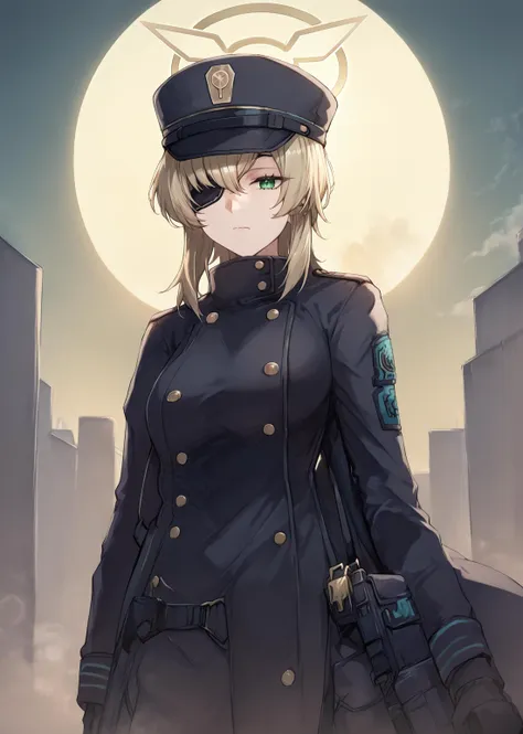 a woman in a uniform stands in front of a full moon