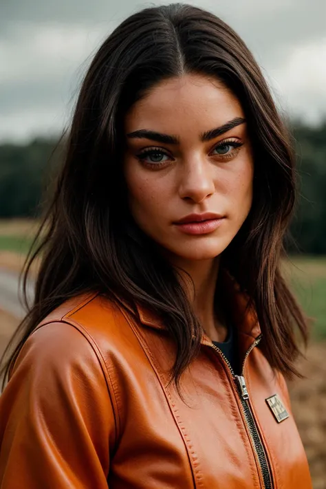 photo of beautiful (lgr4ss1-130:0.99), a woman with perfect hair, wearing Road Sign Orange (motorbike suit:1.1),  (farm:1.1), closeup portrait, (happy) modelshoot style, (extremely detailed CG unity 8k wallpaper), professional majestic photography, (Leica ...