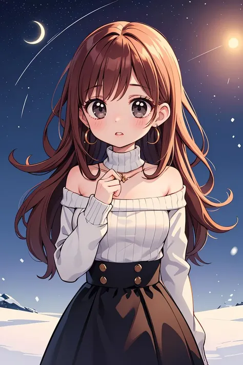 a girl in a white shirt and black skirt standing in the snow