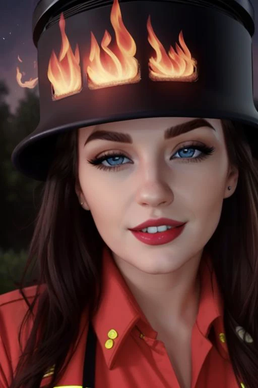 <lora:lizalicious-06:0.6>,lizalicious,  photo of a woman, ((outdoors, fire, at night)),((firefighter uniform, firefighter hat)) smiling, (lipstick, blush, eye shadow), ((best quality, masterpiece, extreme details, high resolution):1.2),((detailed eyes, bea...