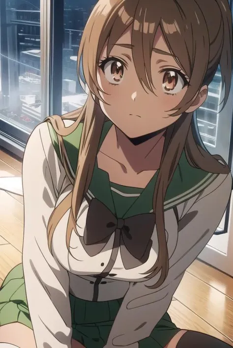 reimiyamoto, <lyco:reimiyamoto-LYCORIStest:1>,
rei miyamoto, long hair, brown hair, (brown eyes:1.5), antenna hair, ponytail,
BREAK skirt, thighhighs, school uniform, serafuku, zettai ryouiki, green skirt, bowtie, long sleeves, black thighhighs, black bowt...