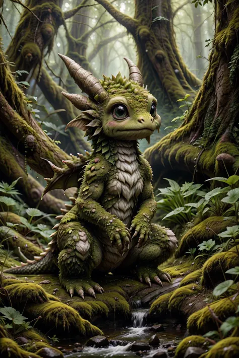 a close up of a small dragon sitting in a forest