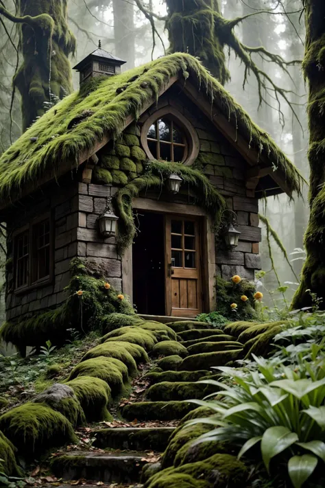 a close up of a small house in the woods with moss growing on the roof