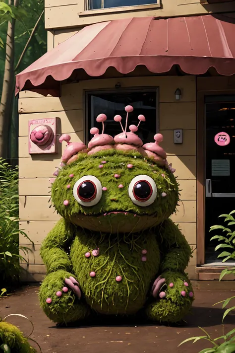 there is a green monster with pink decorations on it's head